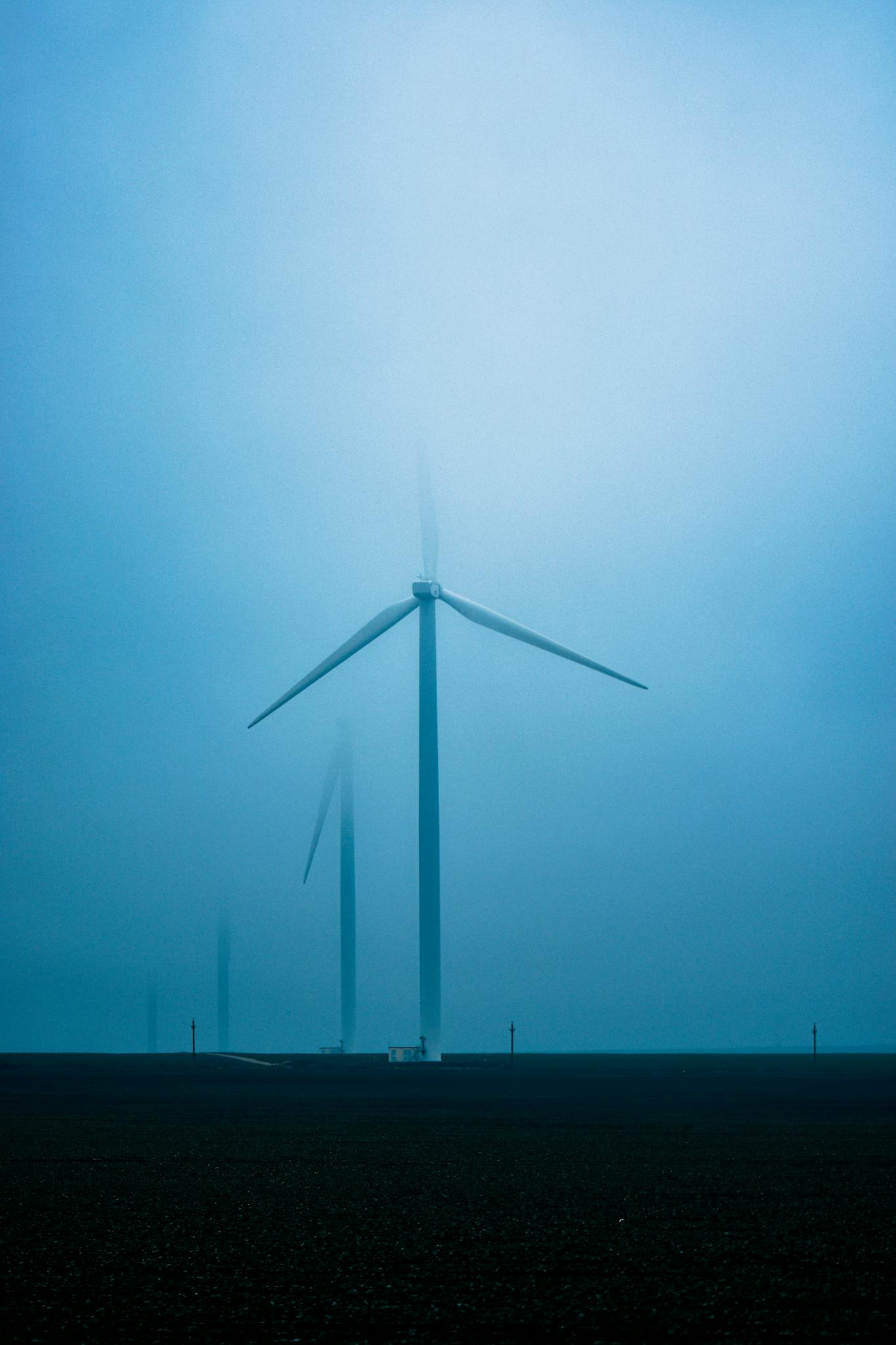 Wind turbines standing tall in a misty field, capturing renewable energy in an eco-friendly landscape.